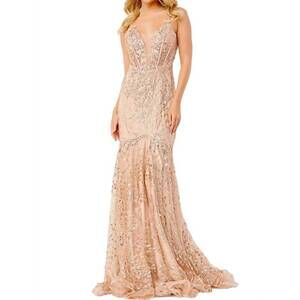 NEW JVN sheer corset bodice prom dress in champ